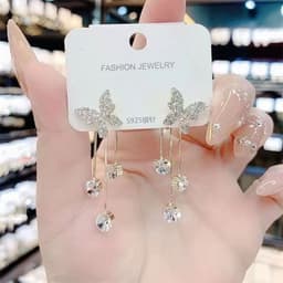 image-Fashion Jewelry Shiny Butterfly Rhinestone Drop Dangle Earrings Women Elegant Long Pearl Tassel Chain Pendant Party Jewelry