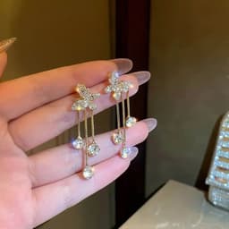 image-Fashion Jewelry Shiny Butterfly Rhinestone Drop Dangle Earrings Women Elegant Long Pearl Tassel Chain Pendant Party Jewelry