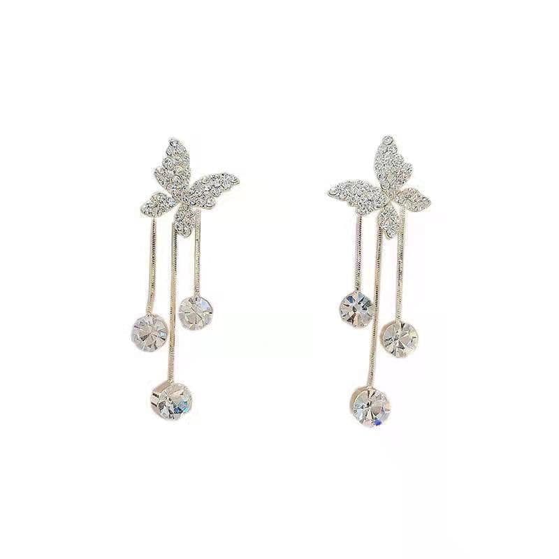 image-Fashion Jewelry Shiny Butterfly Rhinestone Drop Dangle Earrings Women Elegant Long Pearl Tassel Chain Pendant Party Jewelry