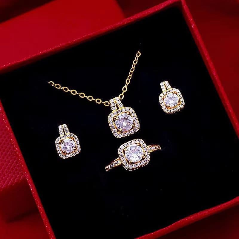 image-Fashion Jewelry Set Zircon Gem Pendant Chain Choker Necklace For Women Gold Color Stud Earring Statement Wedding Ring