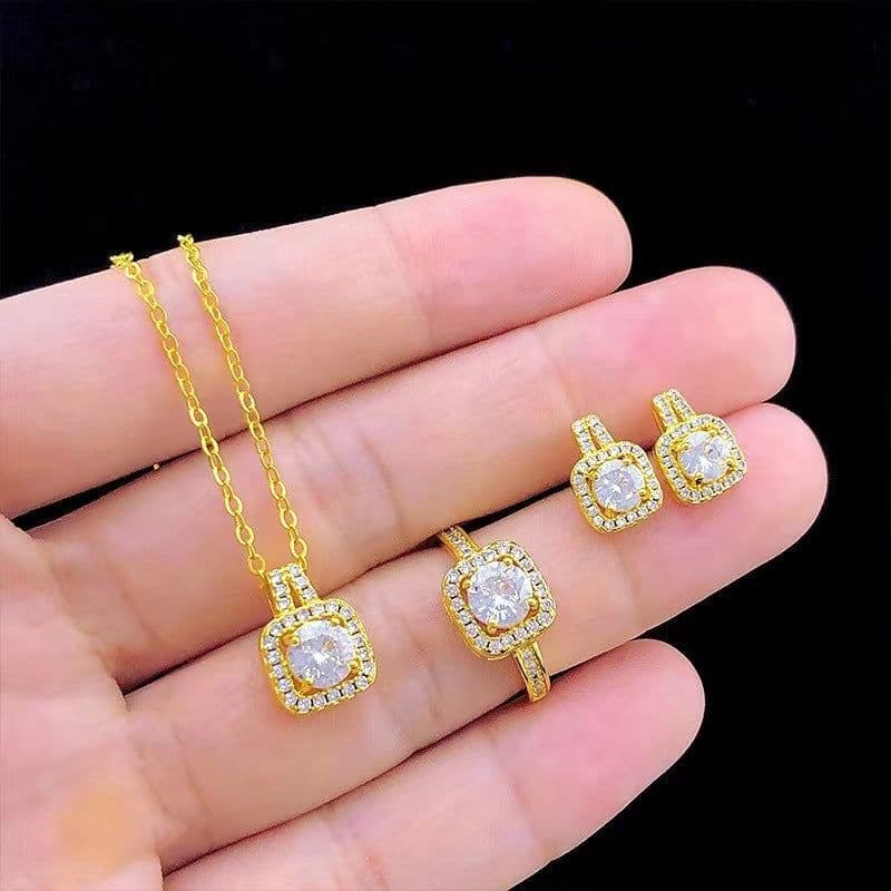 image-Fashion Jewelry Set Zircon Gem Pendant Chain Choker Necklace For Women Gold Color Stud Earring Statement Wedding Ring