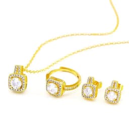 image-Fashion Jewelry Set Zircon Gem Pendant Chain Choker Necklace For Women Gold Color Stud Earring Statement Wedding Ring