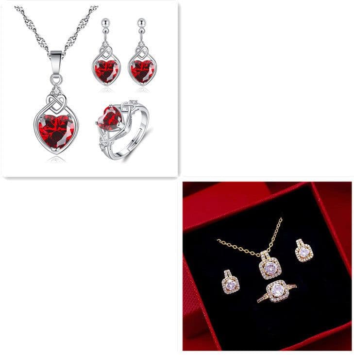 image-Fashion Jewelry Set Zircon Gem Pendant Chain Choker Necklace For Women Gold Color Stud Earring Statement Wedding Ring