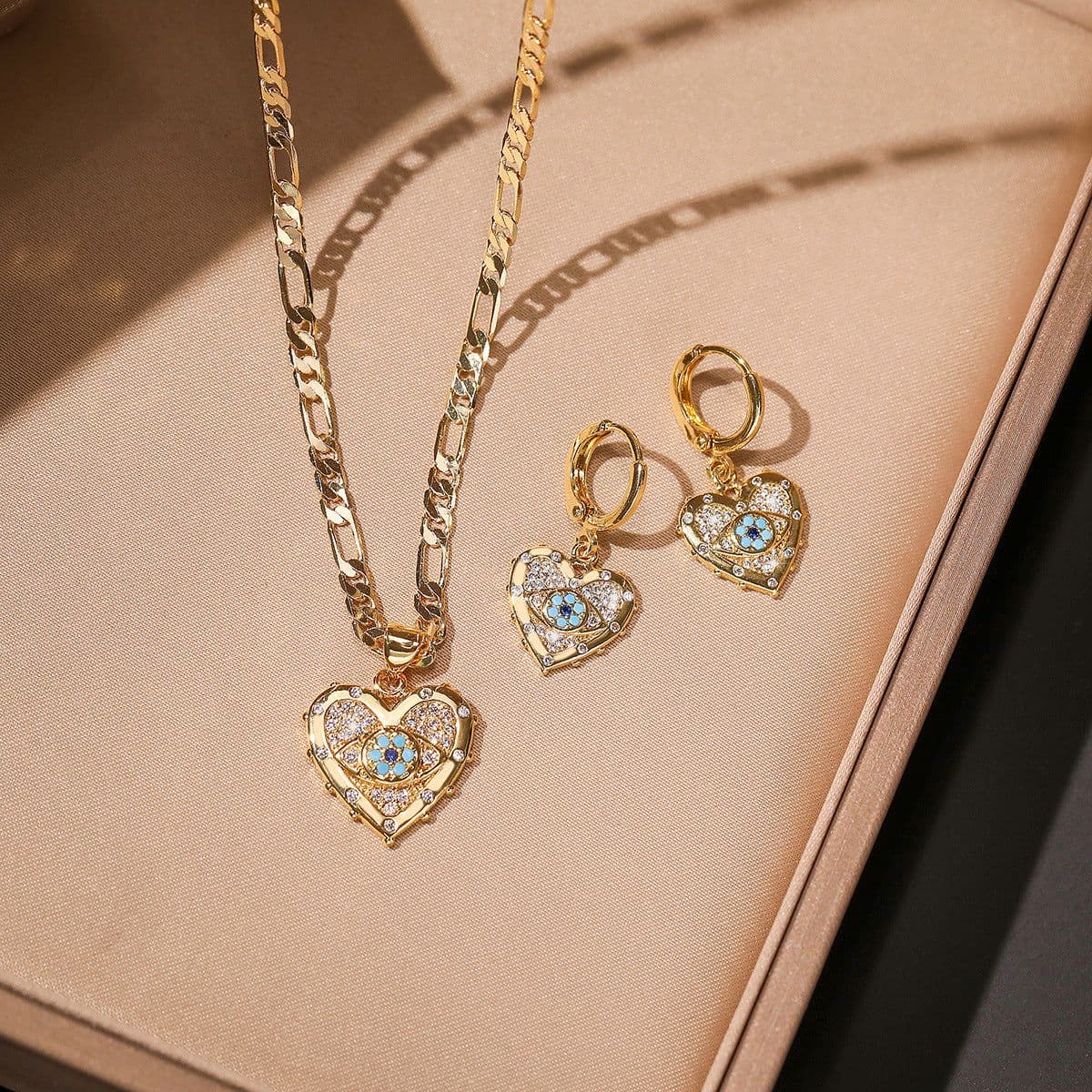 image-Fashion Jewelry Personality Copper Plated Real Gold Heart-shaped Zircon Pendant Necklace And Earrings Suite