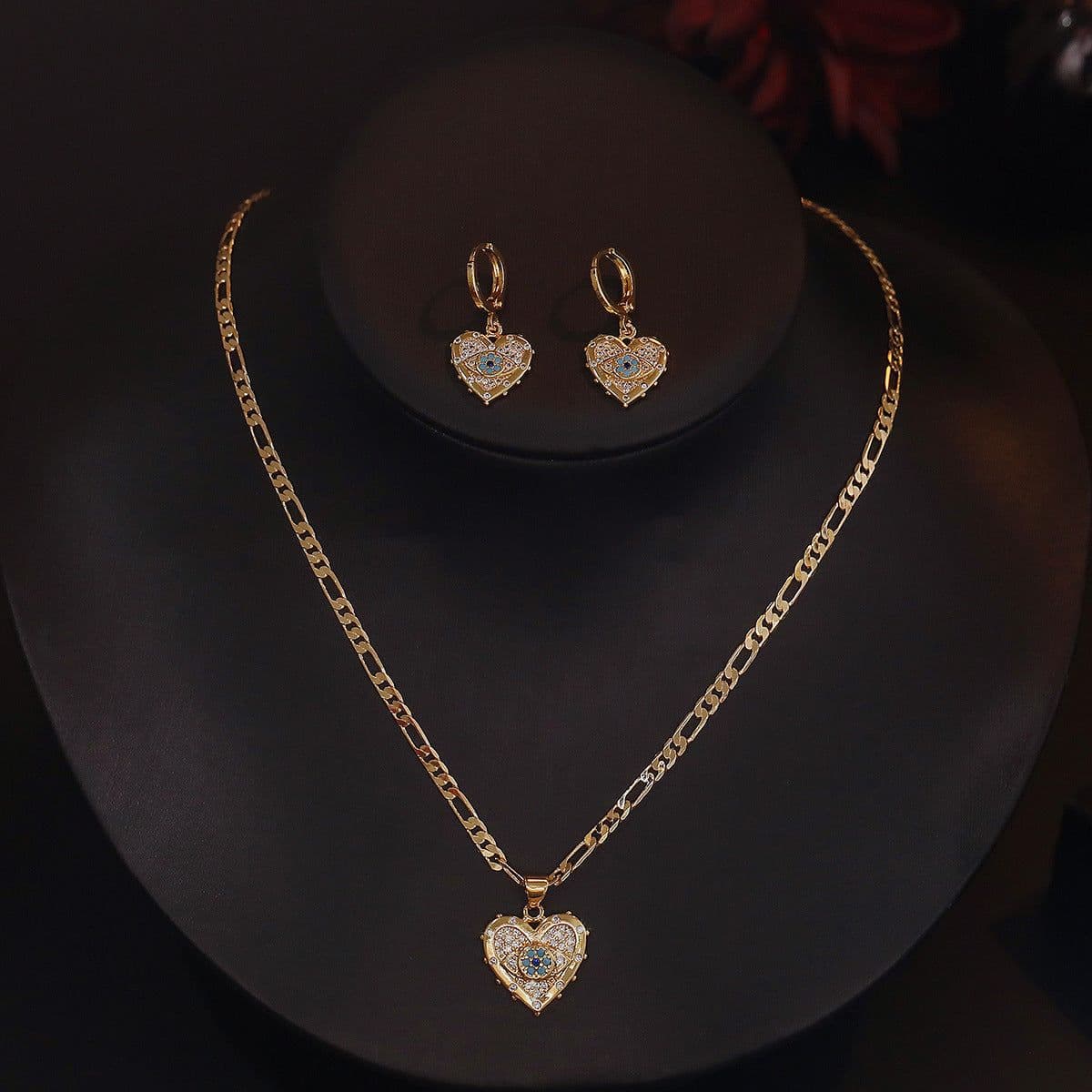image-Fashion Jewelry Personality Copper Plated Real Gold Heart-shaped Zircon Pendant Necklace And Earrings Suite