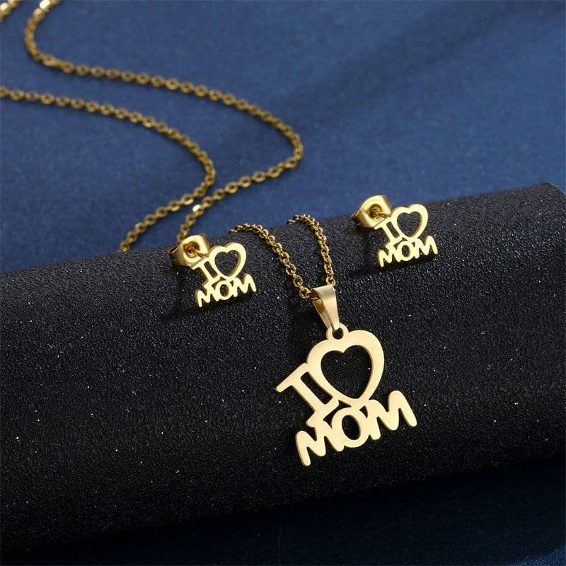 image-Mother's Day Jewelry Set Stainless Steel I Love Mom Mama Love Heart Pendant Necklace Earrings Thanksgiving Gift