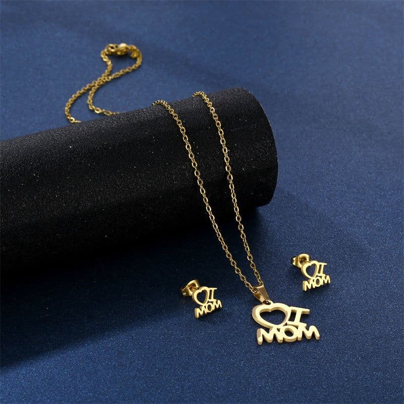 image-Mother's Day Jewelry Set Stainless Steel I Love Mom Mama Love Heart Pendant Necklace Earrings Thanksgiving Gift