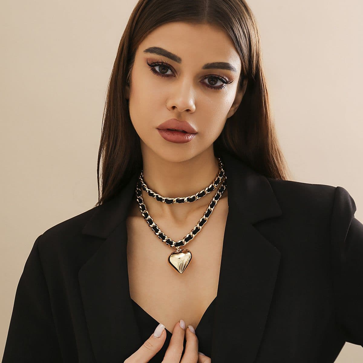 image-Big Love Double-layer Chains Design Necklace Women Street Punk Style Necklace Fashion Jewelry