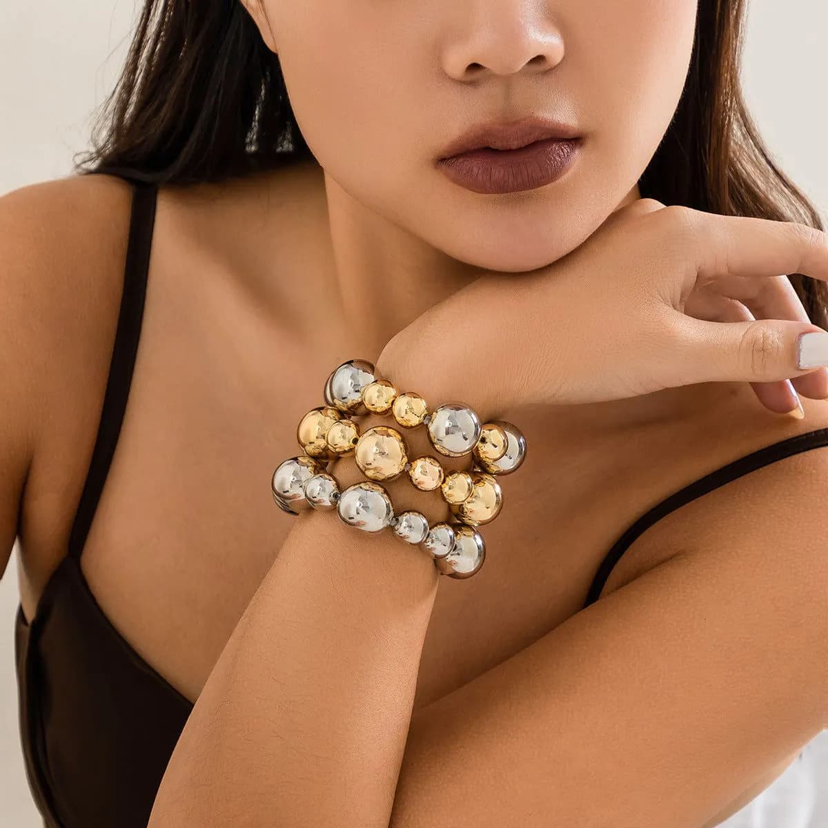 image-Exaggerated Punk Contrast Color Beaded Necklace Ball Bracelet