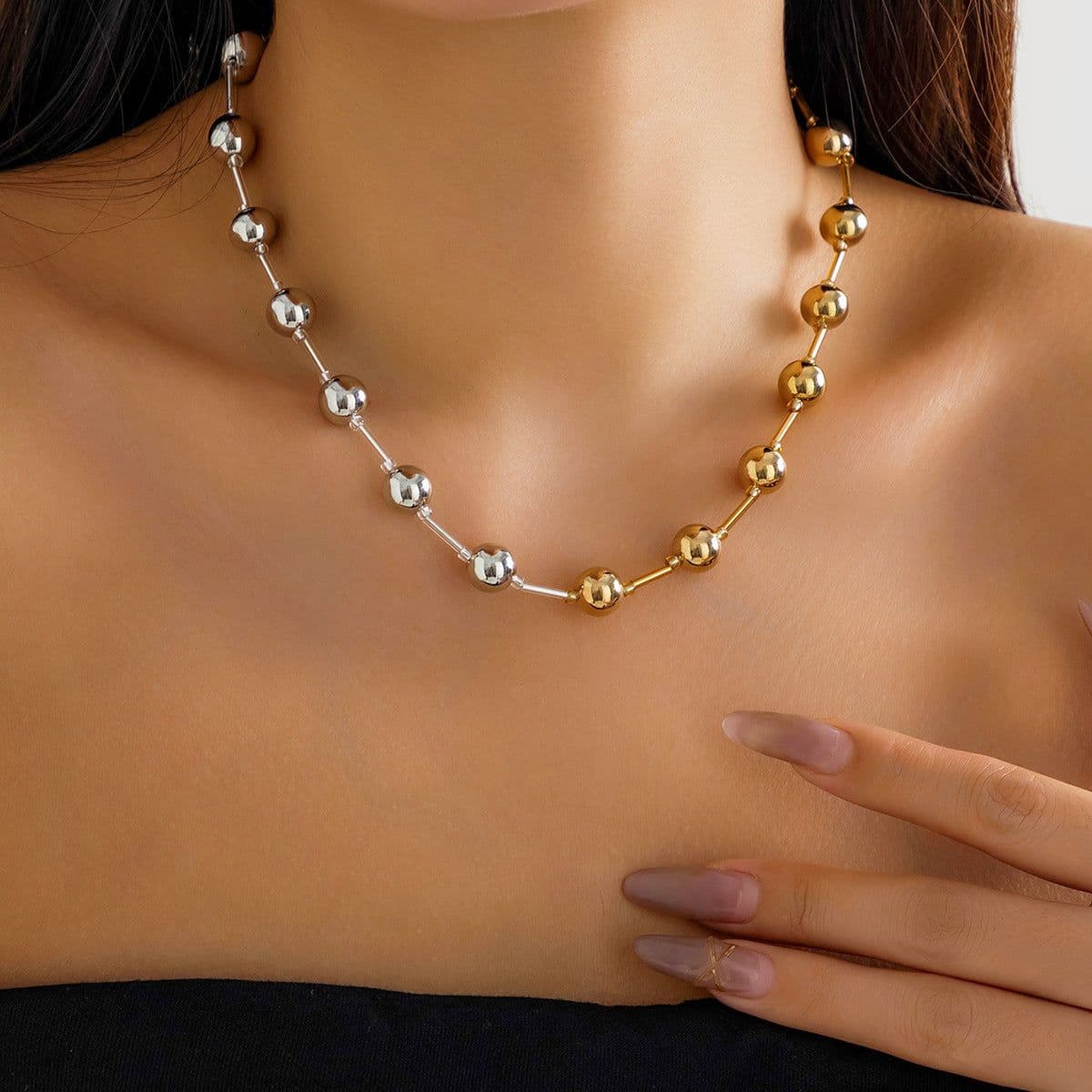 image-Exaggerated Punk Contrast Color Beaded Necklace Ball Bracelet