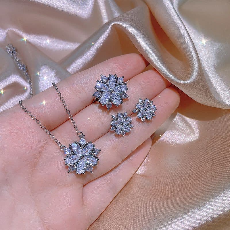 image-Fashion Jewelry Zircon Women Necklace Ring Double Layers Flower Cubic Zirconia Jewelry Shiny Simple All Match Stud Earrings Ring Necklace For Wedding