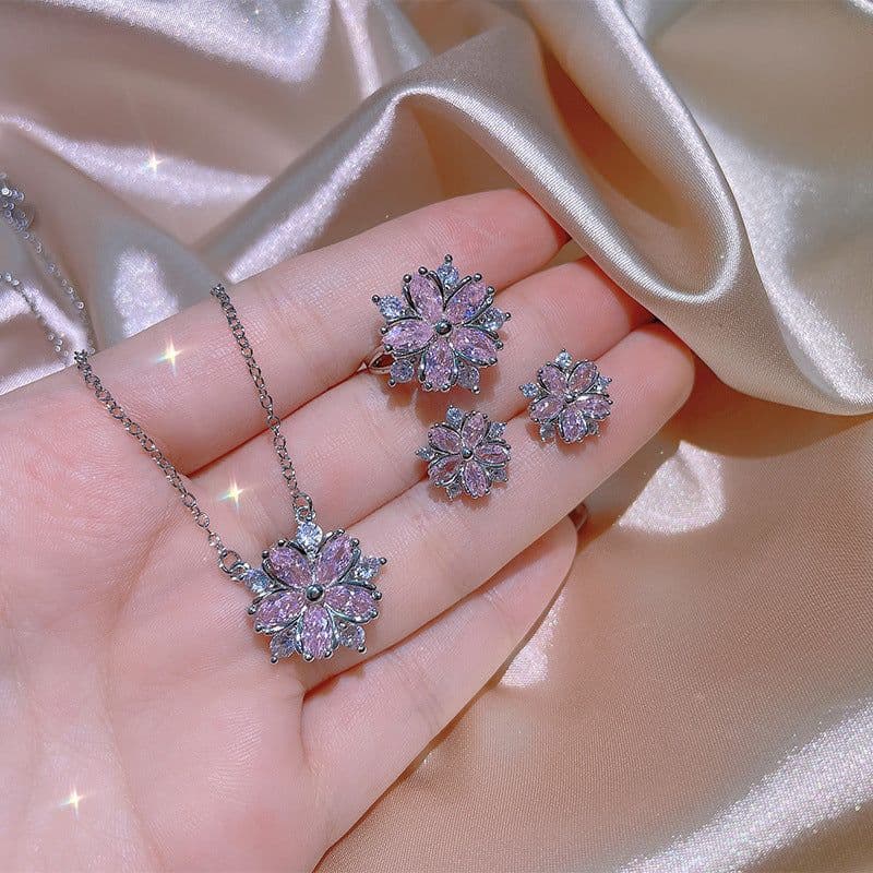 image-Fashion Jewelry Zircon Women Necklace Ring Double Layers Flower Cubic Zirconia Jewelry Shiny Simple All Match Stud Earrings Ring Necklace For Wedding