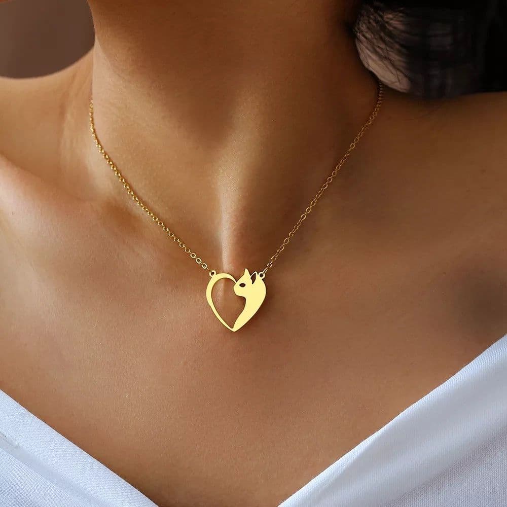 image-Women's Fashion Jewelry Stainless Steel Necklaces Heart Cat Hollow Pendant Choker Clavicle Chain Charm Fashion Necklaces For Women Jewelry Girls Gifts