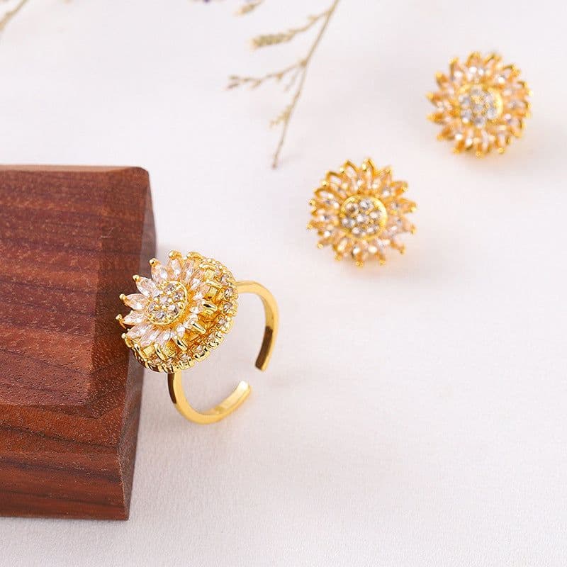 image-Classic Charm Sunflower Flower Stainless Steel Necklace Earrings Fashion Exquisite Micro Seed Jewelry Ring