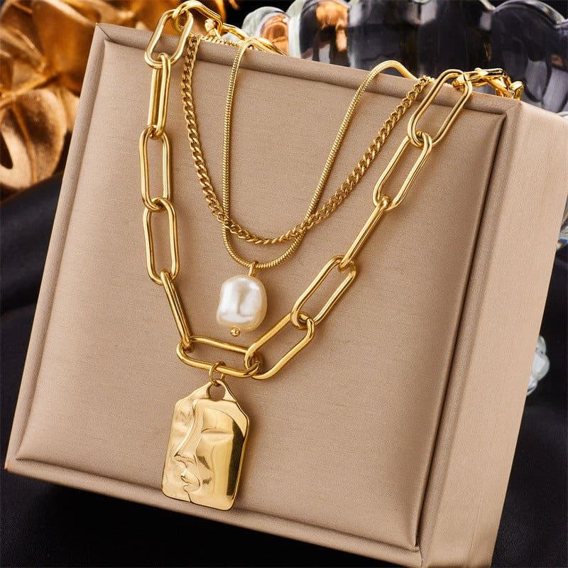 image-Fashion Jewelry Layered Face Portrait Chain Choker Necklace For Women Elegant Pearls Pendant Necklace Jewelry Accessories