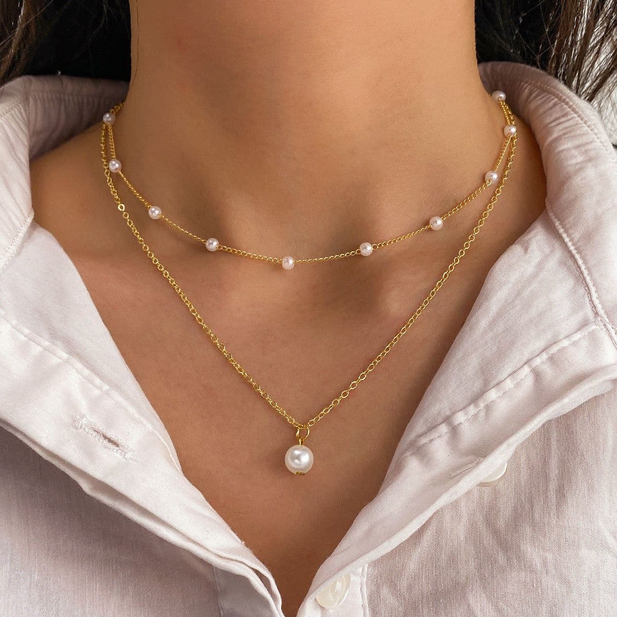 image-Fashion Jewelry Women's Pearl Tassel Pendant Double-layer Necklace Gold Pearl Necklace For Women
