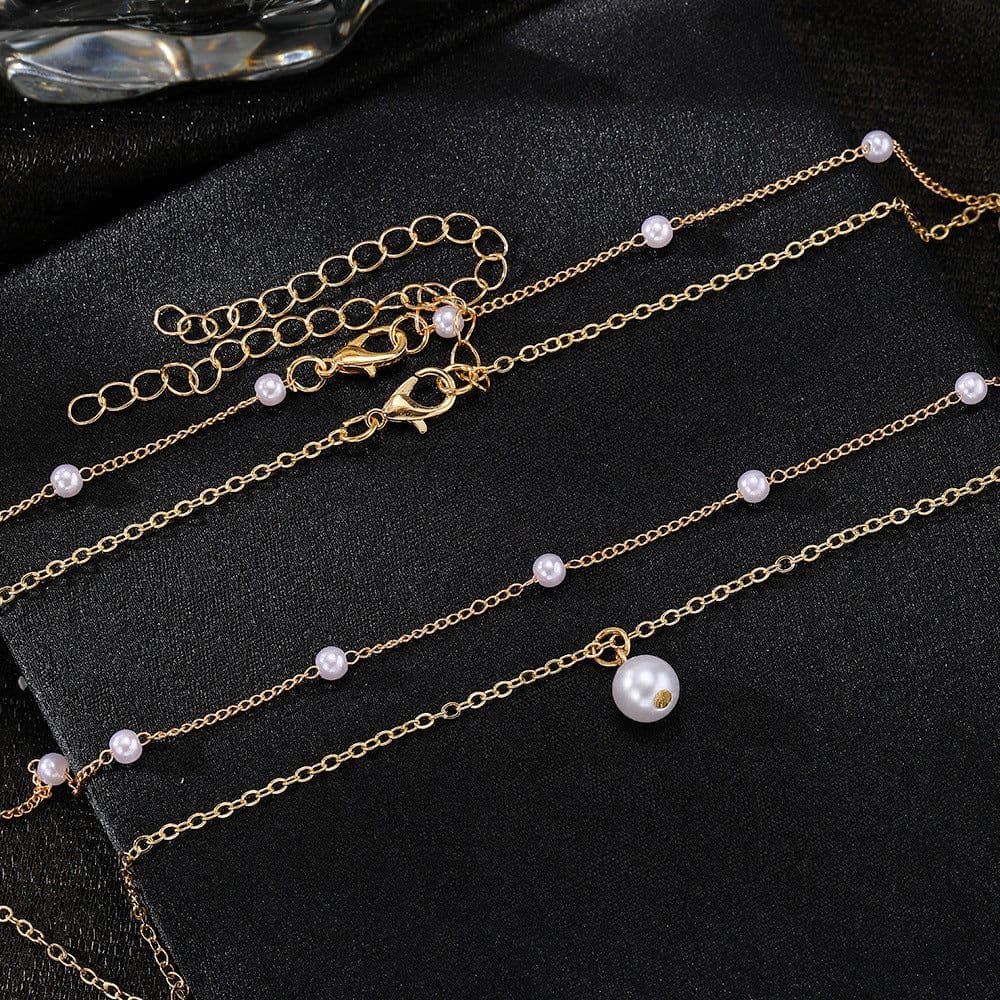 image-Fashion Jewelry Women's Pearl Tassel Pendant Double-layer Necklace Gold Pearl Necklace For Women
