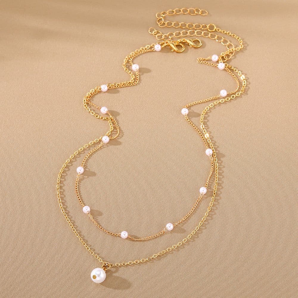 image-Fashion Jewelry Women's Pearl Tassel Pendant Double-layer Necklace Gold Pearl Necklace For Women