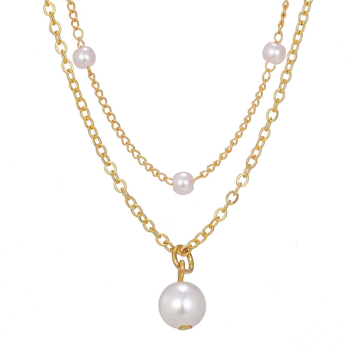 image-Fashion Jewelry Women's Pearl Tassel Pendant Double-layer Necklace Gold Pearl Necklace For Women