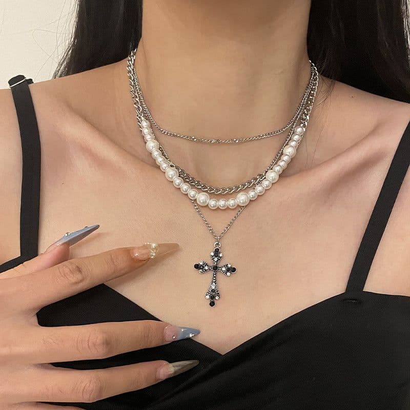 image-Fashion Personalized Multi-Layered Pearl Cross Pendant Necklace Clavicle Chain For Women Temperament Jewelry Accessories Gifts