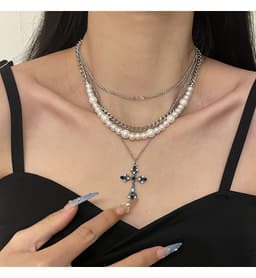 image-Fashion Personalized Multi-Layered Pearl Cross Pendant Necklace Clavicle Chain For Women Temperament Jewelry Accessories Gifts