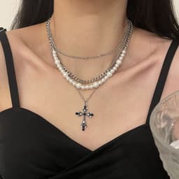 image-Fashion Personalized Multi-Layered Pearl Cross Pendant Necklace Clavicle Chain For Women Temperament Jewelry Accessories Gifts