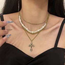 image-Fashion Personalized Multi-Layered Pearl Cross Pendant Necklace Clavicle Chain For Women Temperament Jewelry Accessories Gifts
