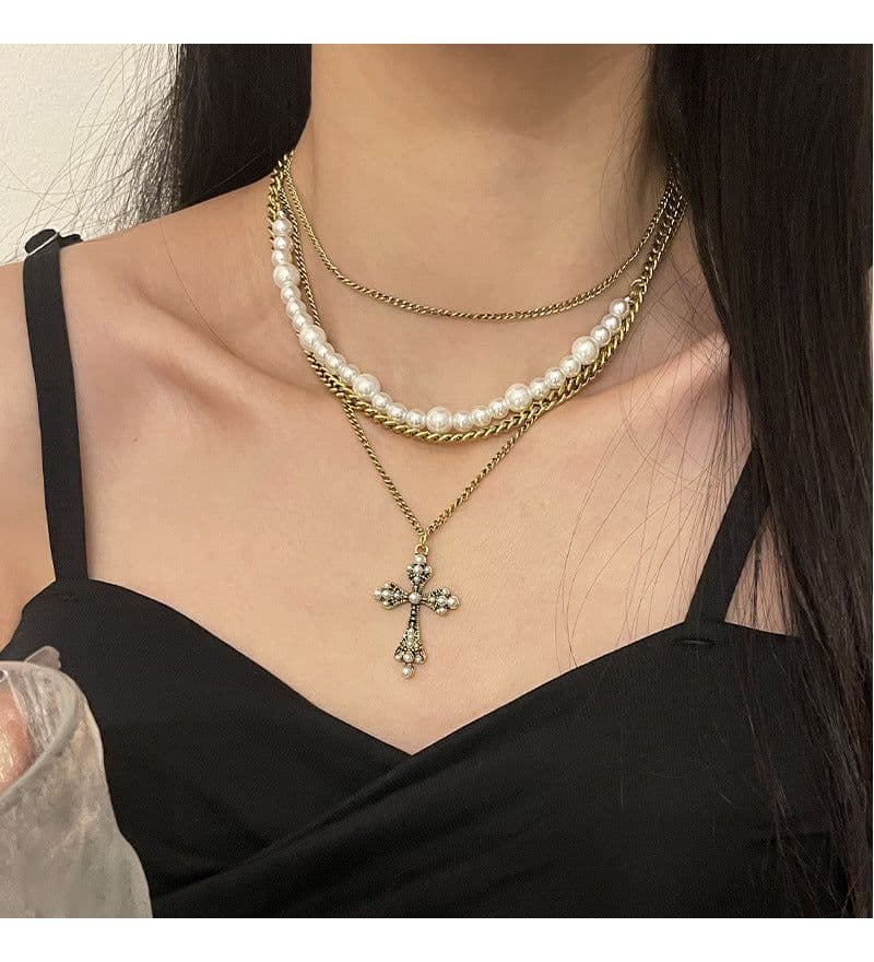 image-Fashion Personalized Multi-Layered Pearl Cross Pendant Necklace Clavicle Chain For Women Temperament Jewelry Accessories Gifts