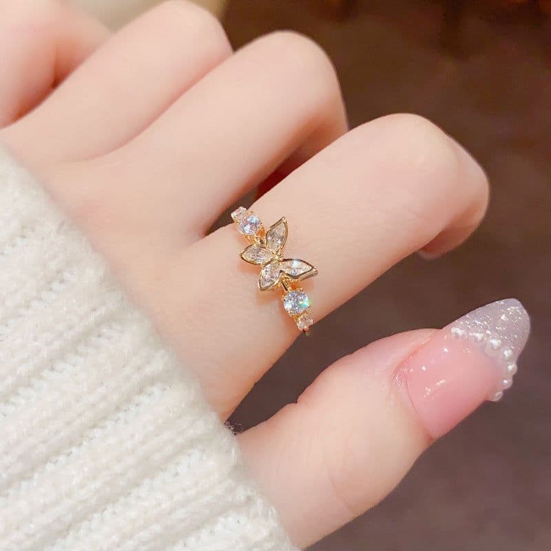 image-Fashion Jewelry New Style Gold Plated Beautiful Sweet Diamond Inlaid Butterfly Ring Women'S Luxury Temperament Elegant Ring Party Jewelry