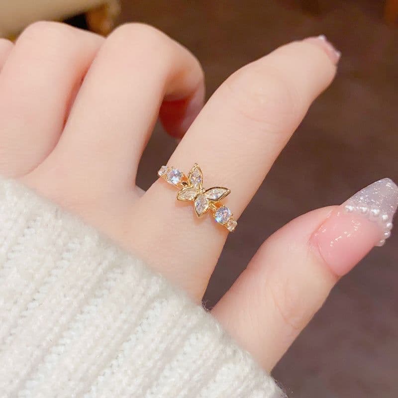 image-Fashion Jewelry New Style Gold Plated Beautiful Sweet Diamond Inlaid Butterfly Ring Women'S Luxury Temperament Elegant Ring Party Jewelry