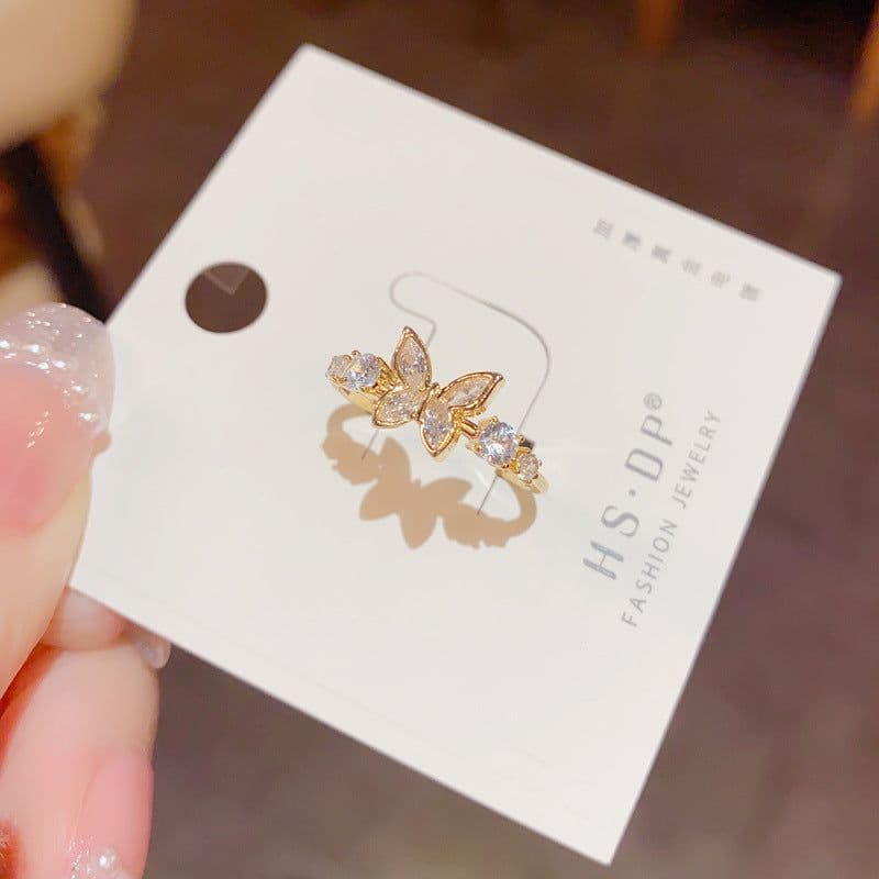 image-Fashion Jewelry New Style Gold Plated Beautiful Sweet Diamond Inlaid Butterfly Ring Women'S Luxury Temperament Elegant Ring Party Jewelry