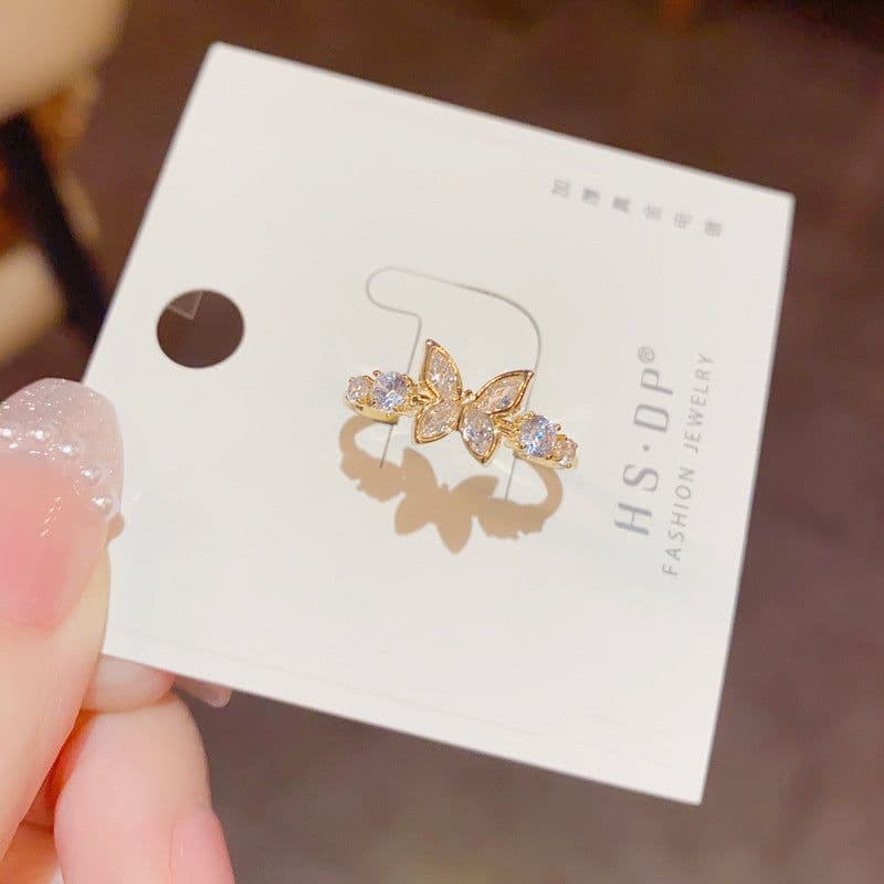 image-Fashion Jewelry New Style Gold Plated Beautiful Sweet Diamond Inlaid Butterfly Ring Women'S Luxury Temperament Elegant Ring Party Jewelry