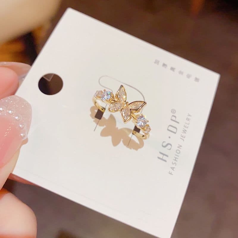 image-Fashion Jewelry New Style Gold Plated Beautiful Sweet Diamond Inlaid Butterfly Ring Women'S Luxury Temperament Elegant Ring Party Jewelry