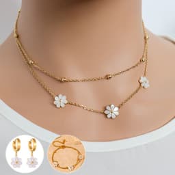 image-Fashion Jewelry Stainless Steel Flower DaisyFlower Necklace Double Layering Necklace Earrings Jeweley Set