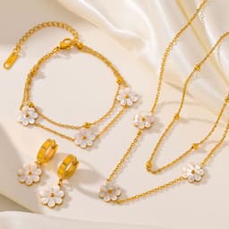 image-Fashion Jewelry Stainless Steel Flower DaisyFlower Necklace Double Layering Necklace Earrings Jeweley Set
