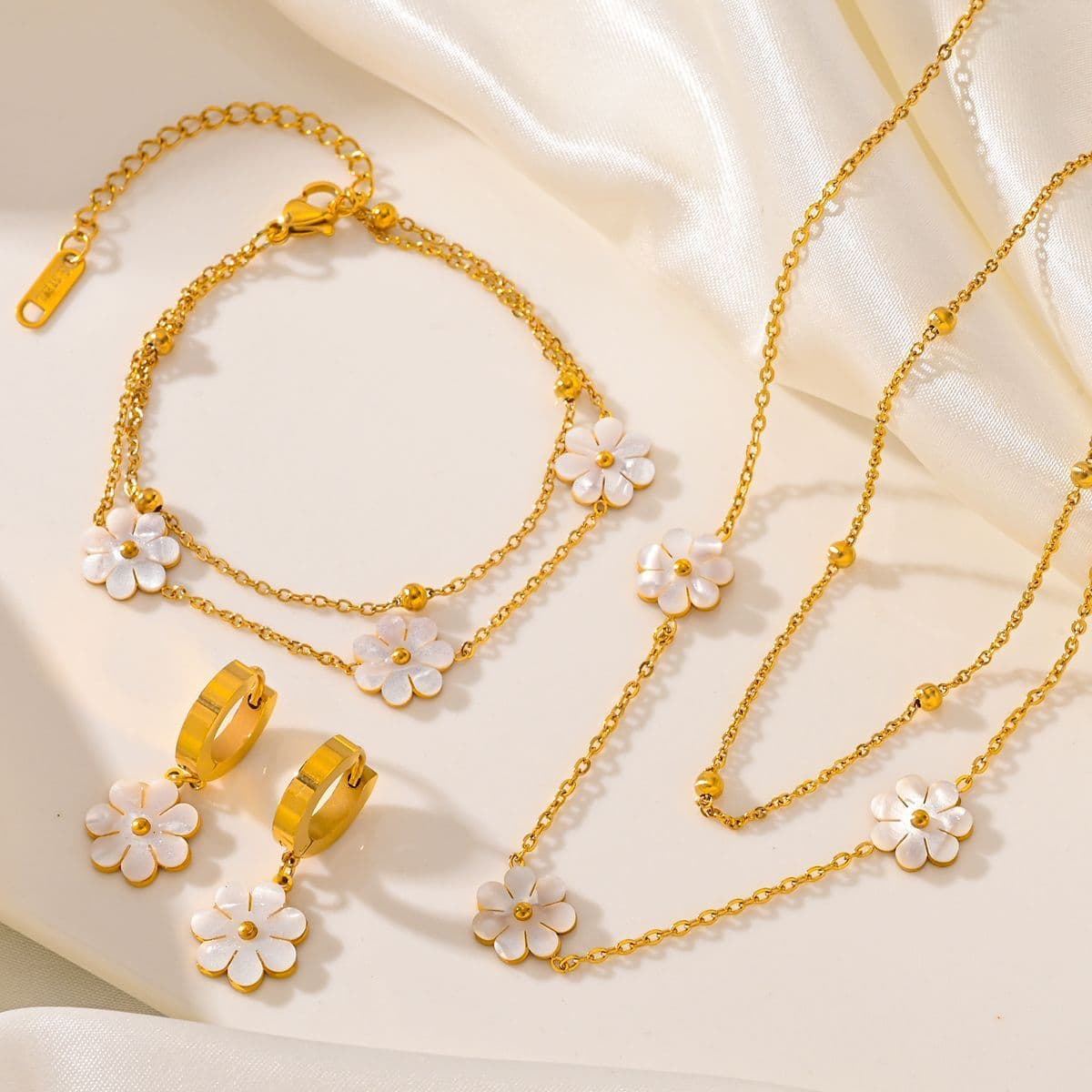 image-Fashion Jewelry Stainless Steel Flower DaisyFlower Necklace Double Layering Necklace Earrings Jeweley Set