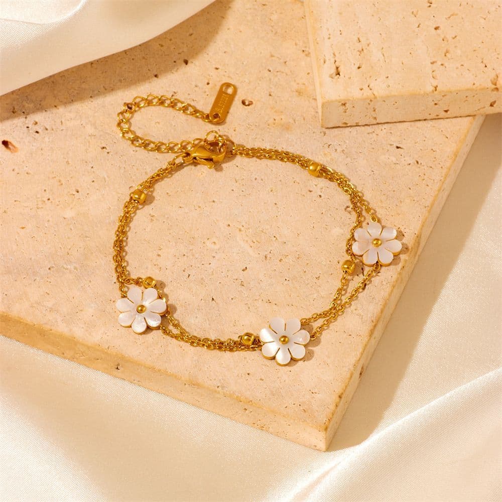 image-Fashion Jewelry Stainless Steel Flower DaisyFlower Necklace Double Layering Necklace Earrings Jeweley Set