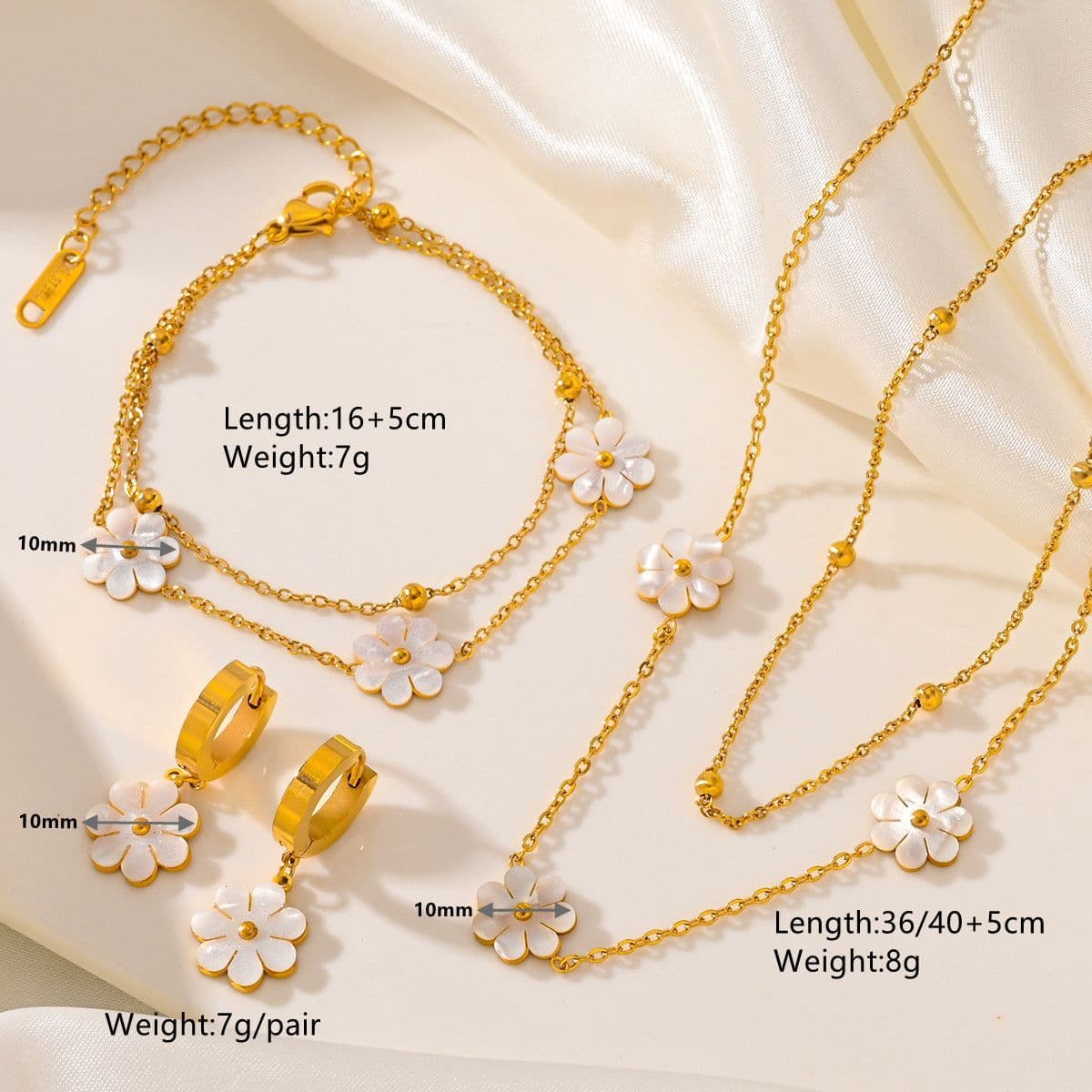 image-Fashion Jewelry Stainless Steel Flower DaisyFlower Necklace Double Layering Necklace Earrings Jeweley Set