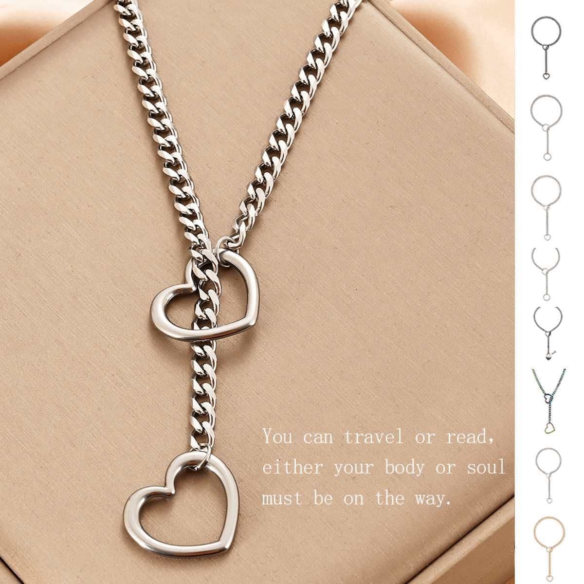 image-Stainless Steel Lariat Heart Necklace Personality Heavy Ring Cuban Long Chain Punk Rock Slipchain Choker Collar For Women Men