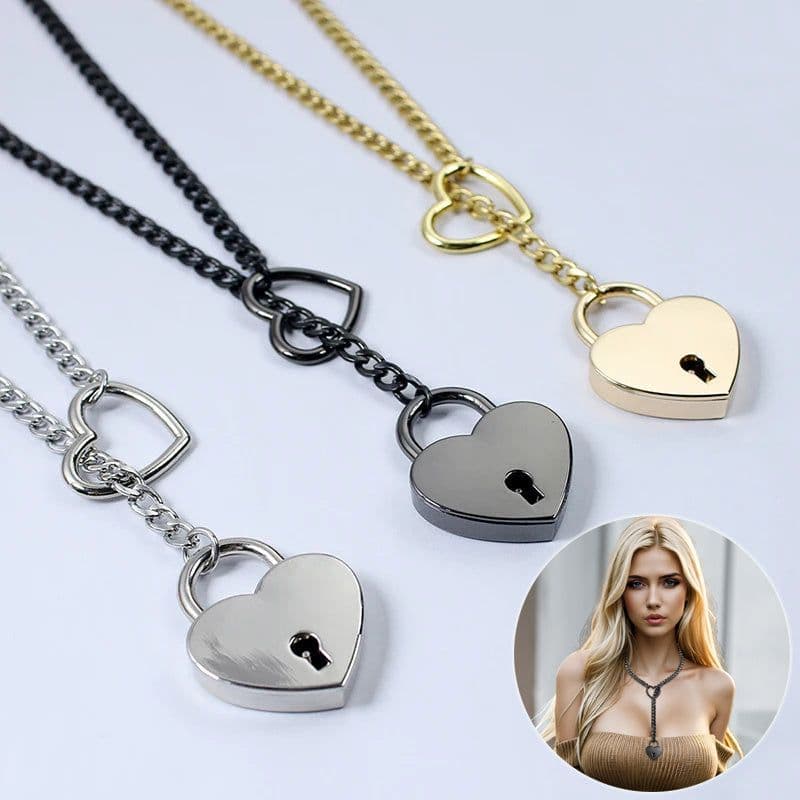 image-Fashion Jewelry 2024 New Slip Chain Necklace Heart O-Ring Rock Cuban Long Necklace Adjustable Heart Shaped Lock Core With Key