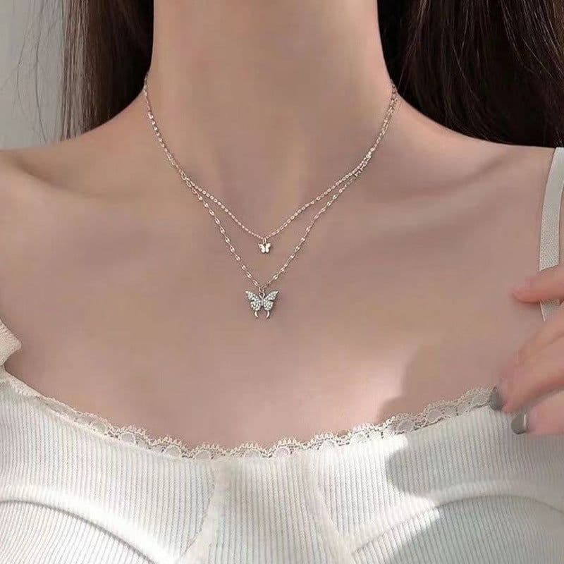 image-Fashion Jewelry Double Butterfly Necklace Gold Plated Butterfly Pendant Engagement Necklaces For Women Animal Jewelry Anniversary Gift