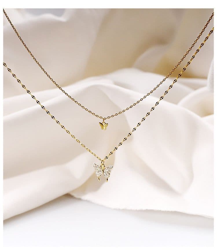image-Fashion Jewelry Double Butterfly Necklace Gold Plated Butterfly Pendant Engagement Necklaces For Women Animal Jewelry Anniversary Gift