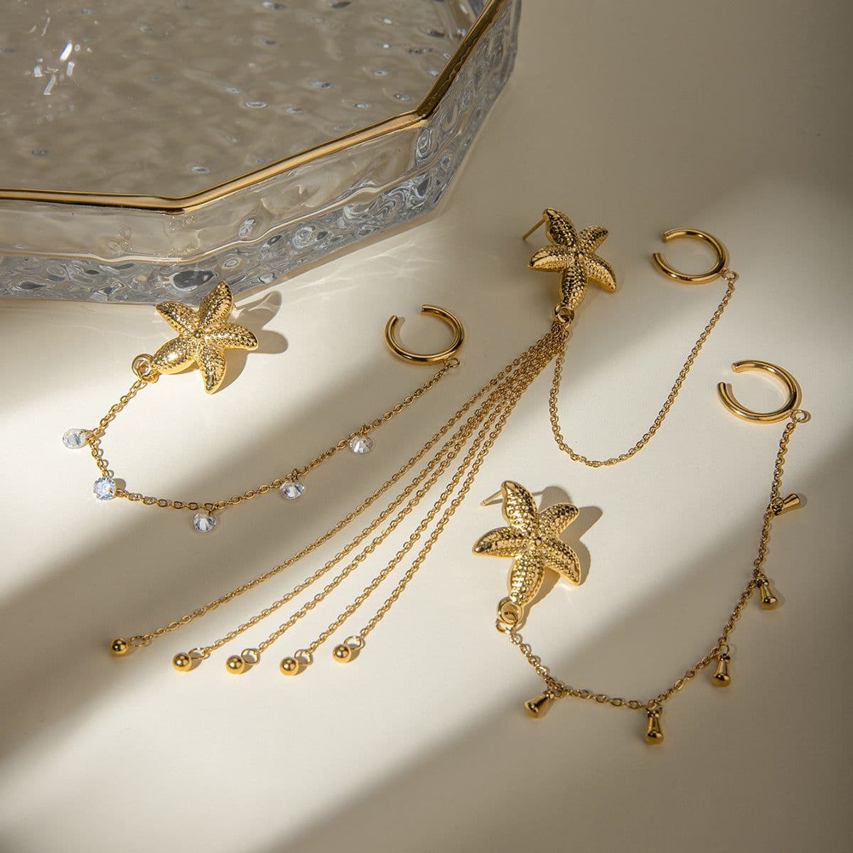 image-18K Gold Stainless Steel Single Starfish Rhinestone Ear Clip