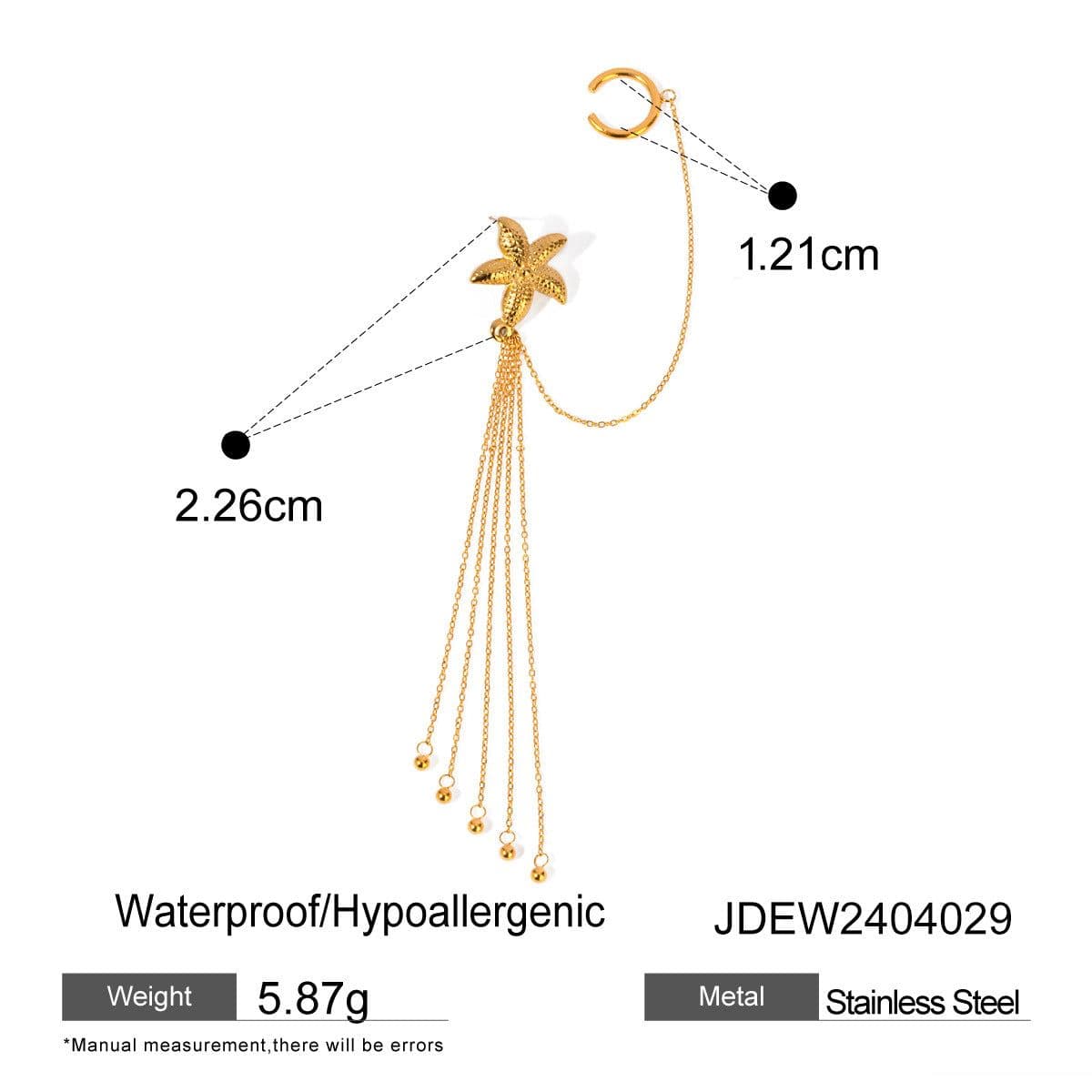 image-18K Gold Stainless Steel Single Starfish Rhinestone Ear Clip
