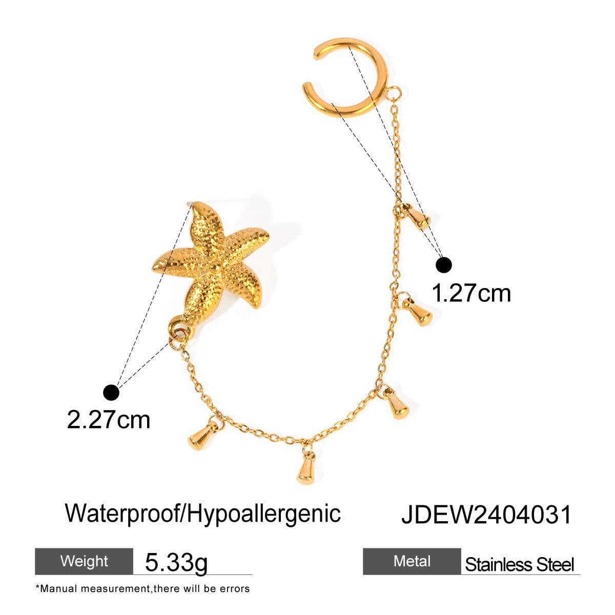 image-18K Gold Stainless Steel Single Starfish Rhinestone Ear Clip