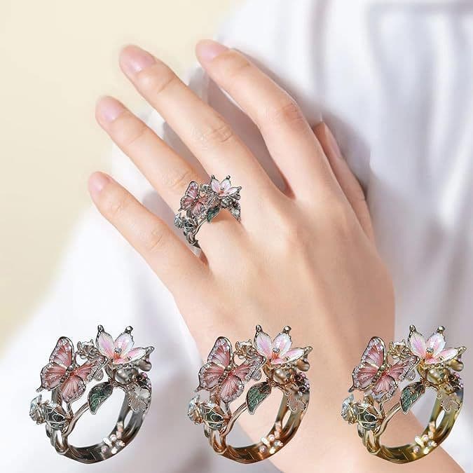 image-Adjustable Elegant Transparent Crystal 3D Shining Diamond Drop Oil Butterfly Flower Ring For Women Aesthetic Gold Plated Cute Animal Insect Fashion Jewelry