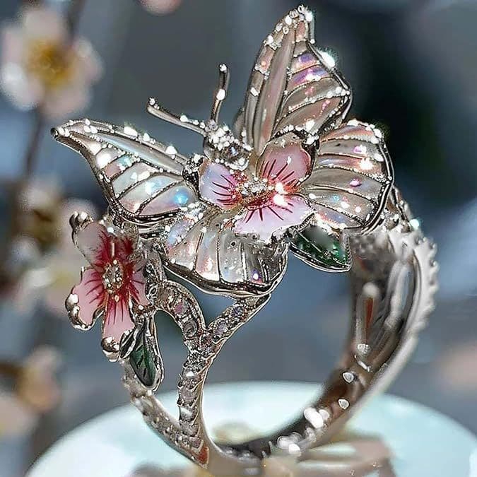image-Adjustable Elegant Transparent Crystal 3D Shining Diamond Drop Oil Butterfly Flower Ring For Women Aesthetic Gold Plated Cute Animal Insect Fashion Jewelry