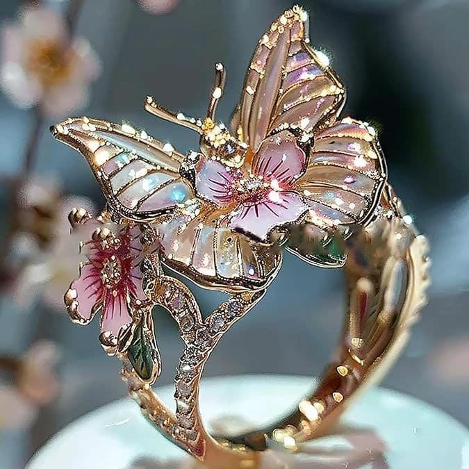 image-Adjustable Elegant Transparent Crystal 3D Shining Diamond Drop Oil Butterfly Flower Ring For Women Aesthetic Gold Plated Cute Animal Insect Fashion Jewelry