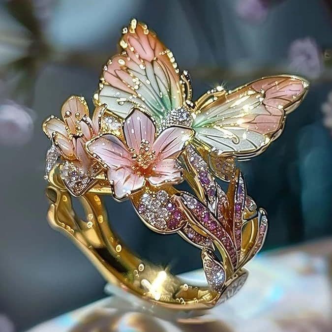 image-Adjustable Elegant Transparent Crystal 3D Shining Diamond Drop Oil Butterfly Flower Ring For Women Aesthetic Gold Plated Cute Animal Insect Fashion Jewelry
