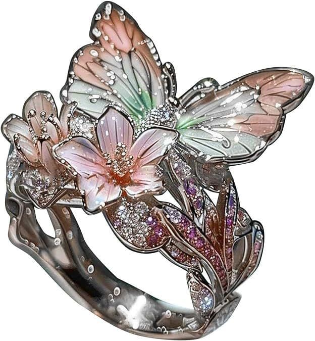 image-Adjustable Elegant Transparent Crystal 3D Shining Diamond Drop Oil Butterfly Flower Ring For Women Aesthetic Gold Plated Cute Animal Insect Fashion Jewelry